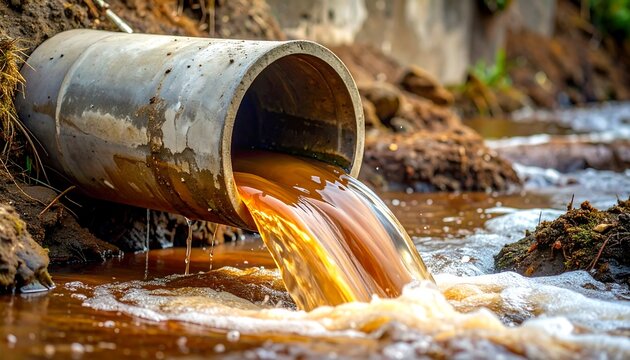 A rusty pipe discharges murky water into a dirty stream