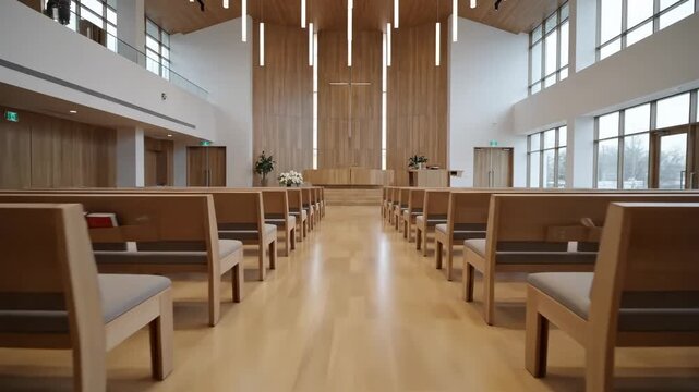 Modern interior of a serene chapel with wooden benches and bright lighting, peaceful atmosphere