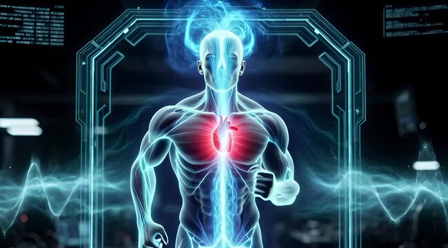 Cinematic medical video of a glowing holographic runner in a dark futuristic laboratory. Bright blue energy pulses through the nervous system and chakras, flowing smoothly from the heart to the head.