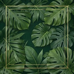Green Foliage Embrace: An overhead view captures a lush arrangement of tropical leaves, showcasing their vibrant green hues and intricate textures, framed by a delicate golden square.