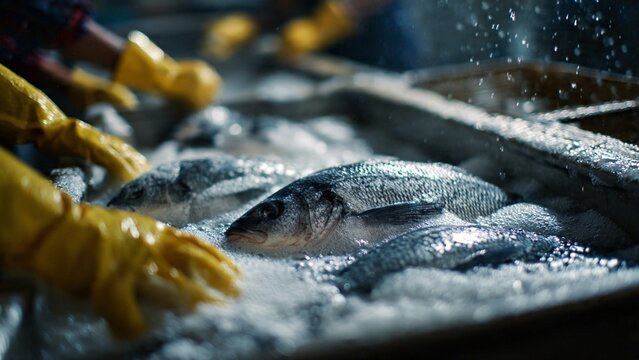 Fishermen handling fresh fish on ice at a market or dock