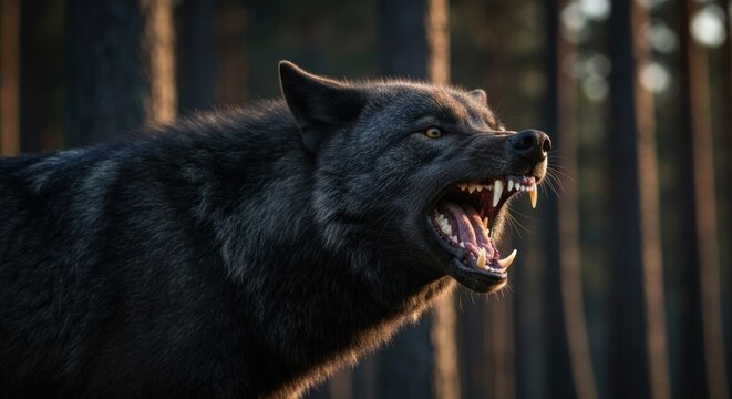 A dark wolf bares its teeth in a menacing snarl amidst a forest