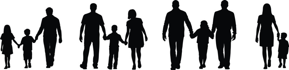 Black silhouettes of people walking holding hands