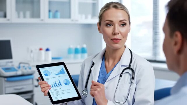 Female doctor in white coat explains health data on tablet to patient in medical office