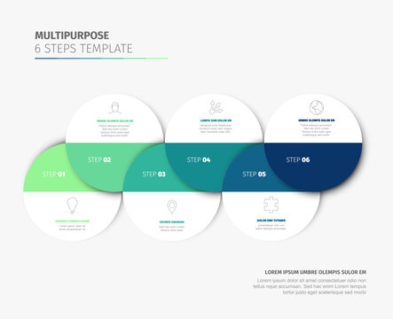 This multipurpose business infographic template features six numbered steps for process visualization. Each step of the infographic template includes icons and text areas for data.