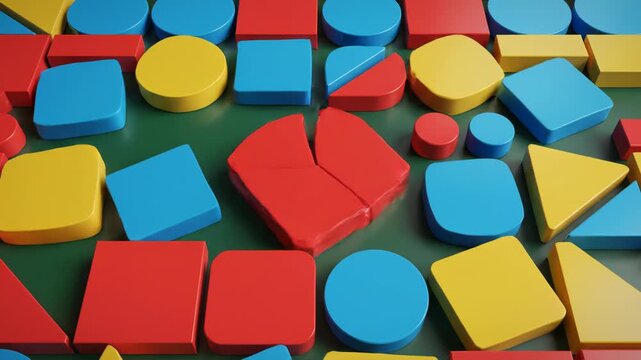Colorful Geometric Shapes on Green Surface.