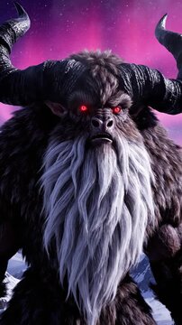 Powerful mythical horned beast in snowy mountains under aurora borealis