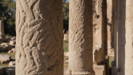 Fototapeta premium Ancient Stone Columns in Sunlight, Architectural Detail, Historical Site.