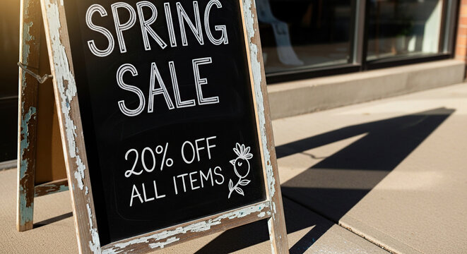 A chalkboard sign advertising a spring sale with 20 percent off all items outside a store