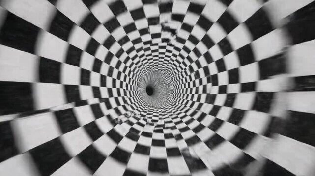 Seamlessly looping hypnotic journey through a rotating tunnel tiled with a dizzying black and white checkered pattern perfect for website background black and white, vj loop, endless