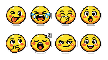 Playful pixel emoji collection of eight expressive yellow face icons for chat stickers messaging app social media and web design background