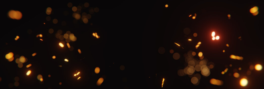 3D Rendering of yellow glow sparks and particles with blank spot on black backgound