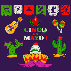 Cinco de Mayo holiday banner with mexican guitar, sombrero, cactus and maracas. Flat illustration for fiesta party posters, greeting cards or 5 May cultural event invitations.