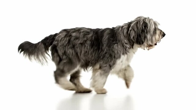 Seamlessly looping isolated shot of an old english sheepdog gently trotting forward against a pristine chromakey white background walk, product display, trot
