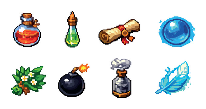 Rpg item pixel icon set with potions scroll bomb herbs and magic orb for game ui and inventory design