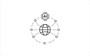 Artificial intelligence chip connected to global network globe, AI technology, machine learning, and worldwide digital connectivity concept. Flat illustrator vector file. High quality image