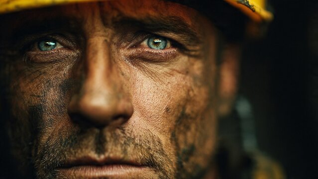A rugged man with a dirty face and a yellow hard hat looks directly at the camera with a serious expression