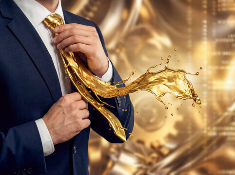 Business concept man adjusting tie made of liquid gold splash macro sensory texture background copy space wealth success future professional