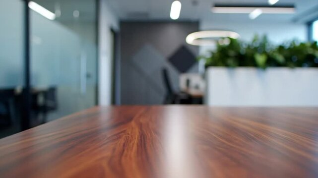 Low angle view of a wooden conference table in a modern office space with a blurred background