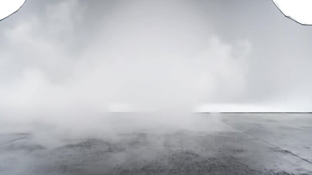 Empty studio with cyclorama backdrop and vapor swirling across the polished concrete floor in a minimalist setting.