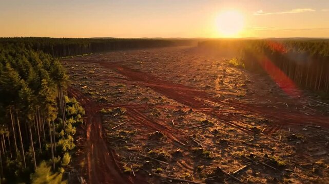 Aerial view of a deforested area in the forest with the sun setting behind the trees