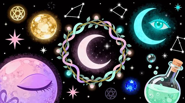 Cosmic celestial elements and mystical symbols