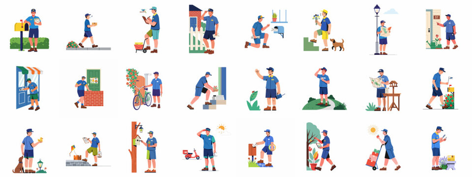 Diverse illustrations of postmen delivering mail and packages, highlighting a range of postal services, daily activities, and community connections.
