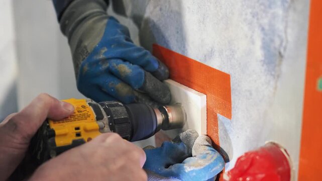 hole in tile. master tiler drills a hole with a drill bit and power tools in the tile. professional tile work, bathroom renovation, tile installation, slow motion