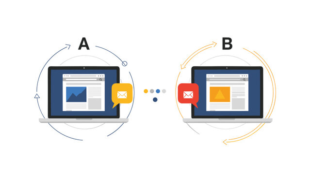 Split testing concept featuring laptops with variant layouts and email icons for marketing optimization and website analytics.