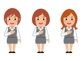 Obraz premium 胸に手を当て笑顔。グレー事務服の若い女性