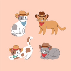 A set of cute cats in cowboy hats. Vector graphics.