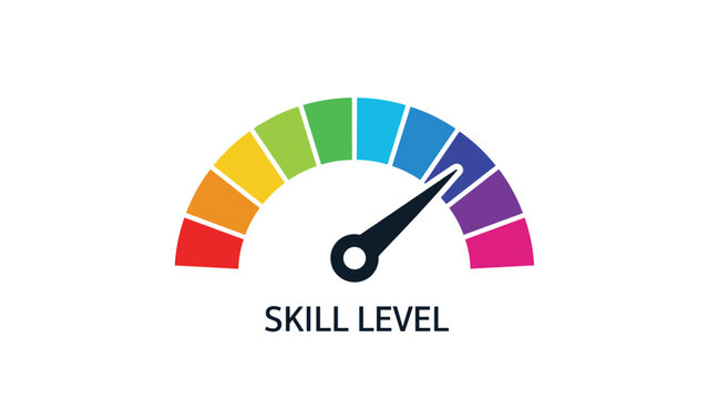 Skill level meter showing high proficiency with a vibrant rainbow colored gauge and a dark needle pointing to excellence.