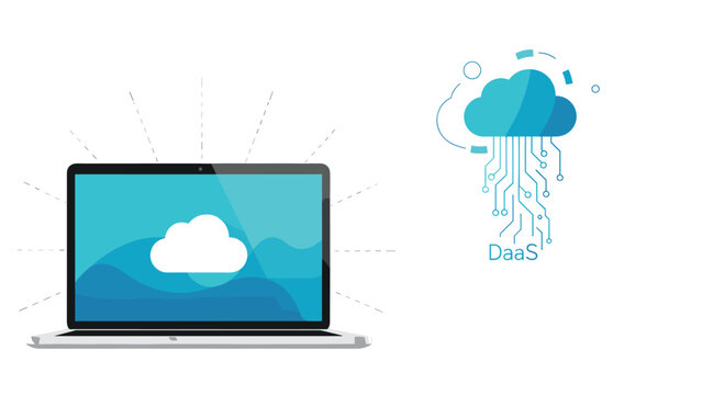 Data as a service daas concept showing a cloud database icon connected to a laptop over a clean white background.