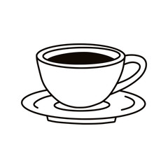 Coffee cup with saucer line art icon. Hot beverage mug illustration for cafe and breakfast design. Hand drawn coffee cup, isolated on white background.