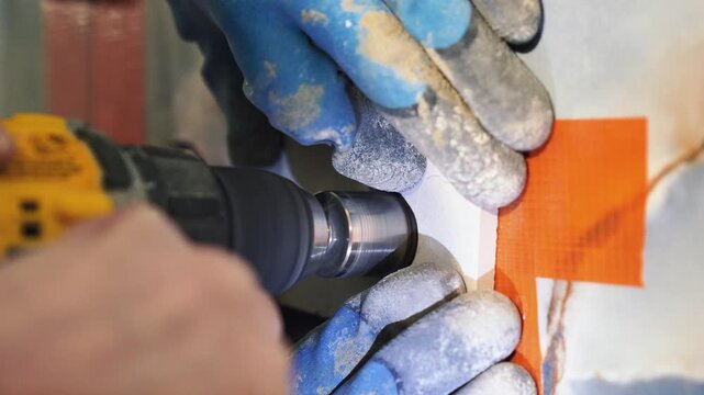 hole in tile. master tiler drills a hole with a drill bit and power tools in the tile. professional tile work, bathroom renovation, tile installation, slow motion