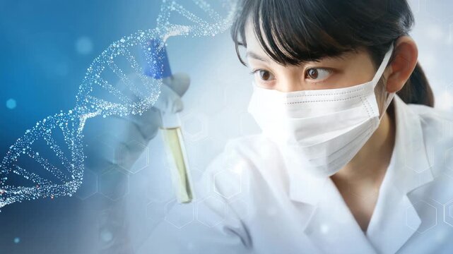 試験管を見つめる女性研究員｜最先端医学と診断技術のイメージ動画
