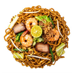 Delicious shrimp noodles with vegetables and lemon on transparent background
