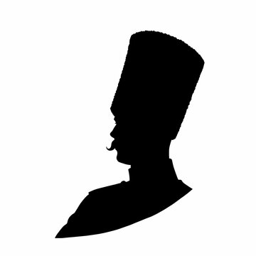 Black silhouette profile of historical military officer or cossack with tall hat and mustache
