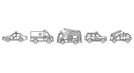 Naklejka premium Hyper-Realistic Minimal Emergency Vehicle Line Icon Set - Side View Outline Vector Collection of Police Car, Ambulance, Fire Truck, Rescue SUV, and SWAT Truck on a Cool White Background
