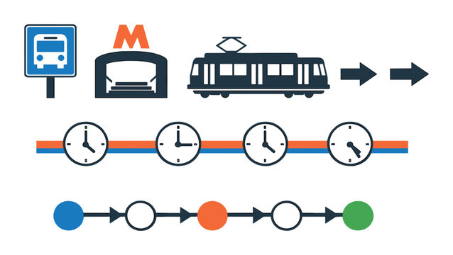 Public transit timetable icons with clock schedule and colored route markers for urban transport infographic, platform directions and timetable design for commuter wayfinding