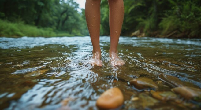 Bare feet standing in clear shallow river water with smooth stones and lush forest