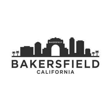 Bakersfield california skyline illustration with palm trees and city name