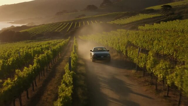 Aerial View of Car Driving Through Vineyard.