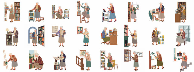 Obraz premium Elderly women enjoying diverse library and home study activities, surrounded by books; a vibrant collection showcasing a passion for reading and knowledge.