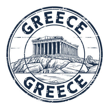 Vintage style circular emblem featuring the acropolis in greece
