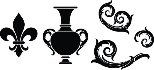 black silhouettes of vase and decorative fleur de lis and scrolls on white background © Saidurra12
