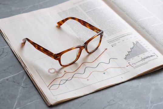 Folded tortoiseshell eyeglasses on financial newspaper with minimal burnt sienna trend extraction line overlay on newsprint, analytical composite for market research and financial intelligence visuals