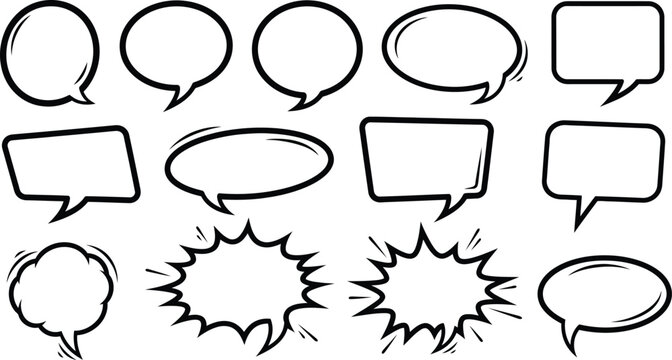 Collection of various comic style speech bubbles and text boxes for dialogue  isolated on transparent background