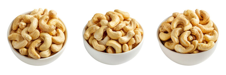 Fototapeta premium Set of Cashew nuts peeled roasted in bowl on transparent png background. Ai generated