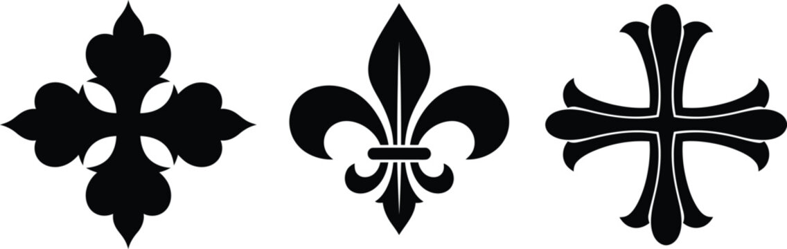set of black fleur de lis and cross symbols
